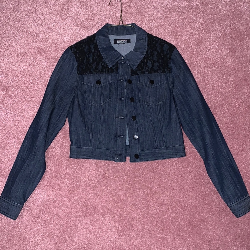 Forever21 Lace Cropped Button Up Jean Jacket